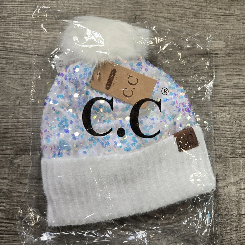 C.C Kids White Iridescent Sequin Pom Hat